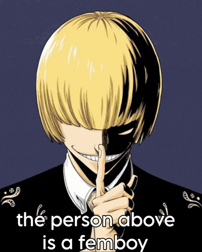 a drawing of a man with a finger on his lips and the words " the person above is a femboy "