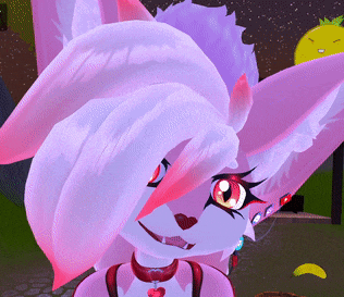 a close up of a cartoon character with pink ears