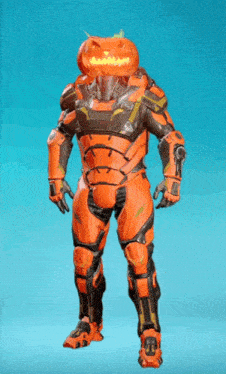 a man in armor with a pumpkin on his head .