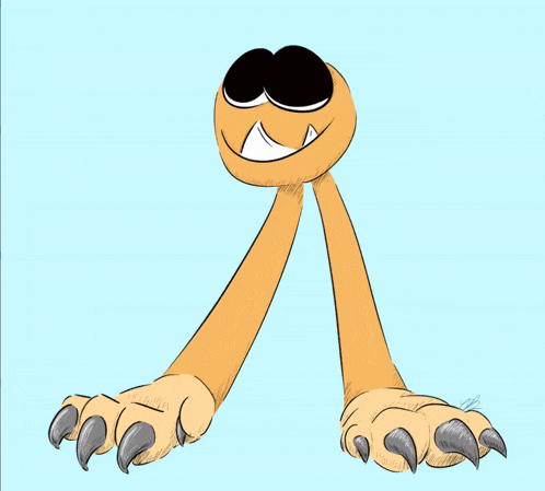 a cartoon drawing of a monster with a smiley face and claws