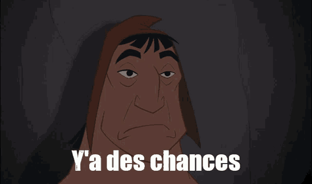 a cartoon character says " y'a des chances " in white letters