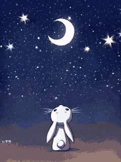 a cartoon rabbit looking up at a crescent moon in the night sky