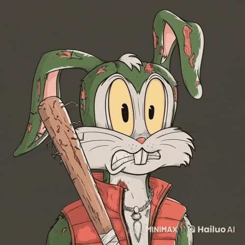 a drawing of a zombie bunny holding a bat with the watermark hailuo ai on the bottom