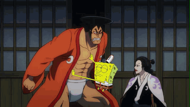 a man in a red robe is holding a yellow spongebob squarepants