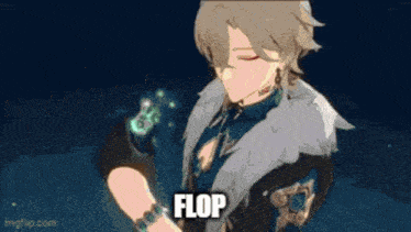 a cartoon character is holding a green object and the word flop is on the bottom of the picture .