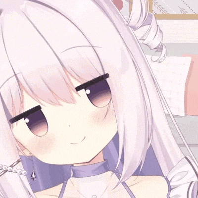 a close up of a white anime girl with purple eyes and a necklace .