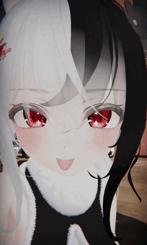 a close up of a girl with red eyes