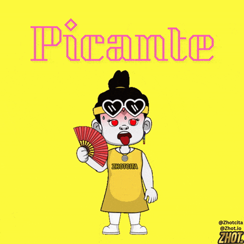 a cartoon drawing of a girl holding a fan with the word picante written above her