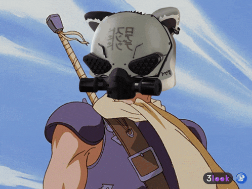 a man wearing a gas mask and holding a sword with a 3look icon in the corner