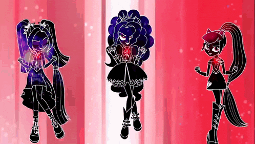 three silhouettes of ponies on a red and white background