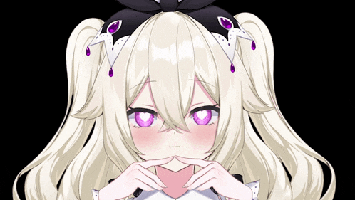 a girl with white hair and purple eyes has her hands on her face