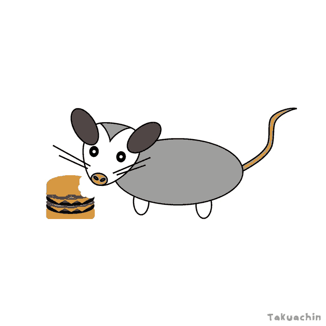 a cartoon of an opossum eating a hamburger