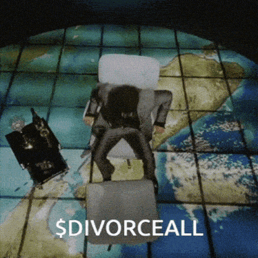 a man in a suit sits in a chair in front of a map with the words $ divorceall written on it