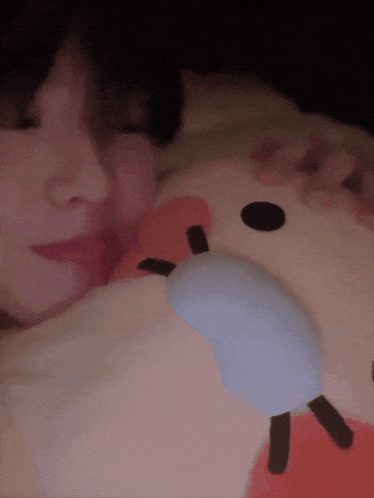 a woman is holding a stuffed animal with a black spot on its face