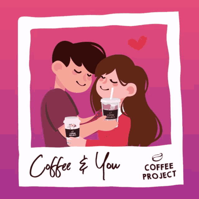 a cartoon of a man and woman hugging holding cups of coffee