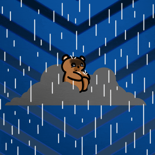 a cartoon bear sits on a cloud in the rain