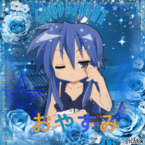 a picture of a girl with blue hair and the words " good night "