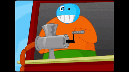 a cartoon character with a blue head is grinding sausages