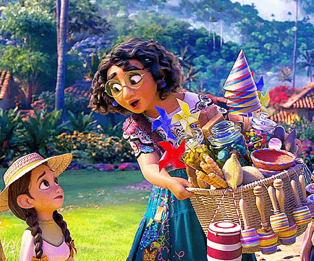 a woman is holding a basket full of candy and a little girl looks on