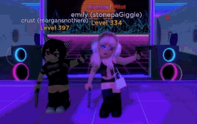 a couple of girls are standing next to each other in a room holding guns in a video game .