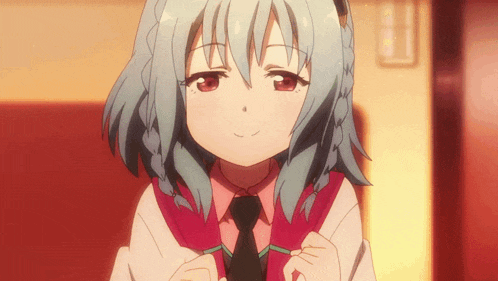 a girl with blue hair and red eyes wearing a tie