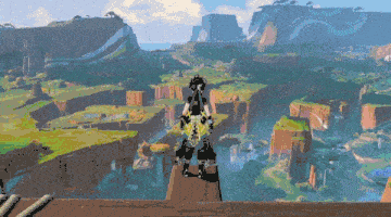 a pixel art of a person standing on a cliff with mountains in the background
