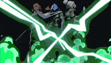 a drawing of a man and a woman with green lightning