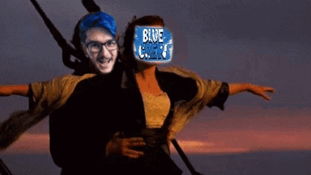 a man with blue hair and glasses is riding on the back of a woman in a titanic scene