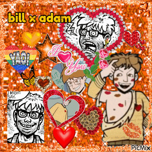 a picture of bill x adam with hearts and stickers