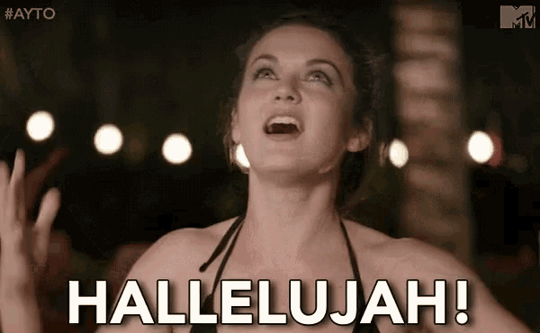 a woman in a bikini says hallelujah with her mouth open