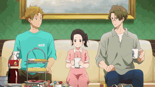 three anime characters are sitting on a couch and one of them has a nice shirt on