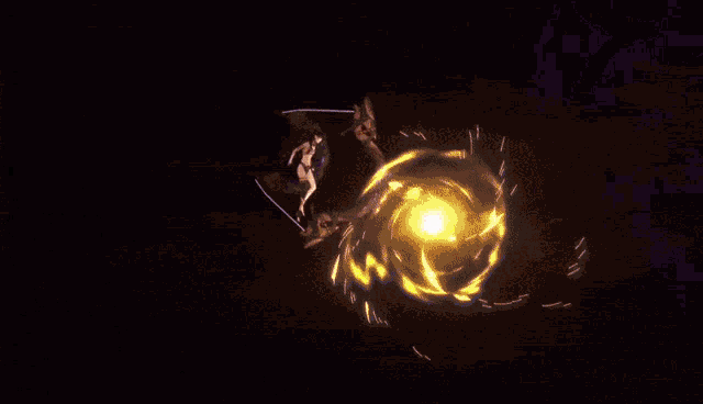 a person holding a sword in front of a glowing light