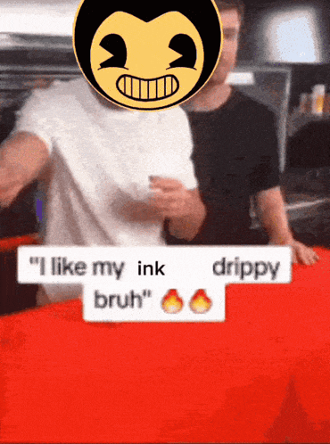 a man with a bendy face on his head says " i like my ink drippy bruh " on a red background