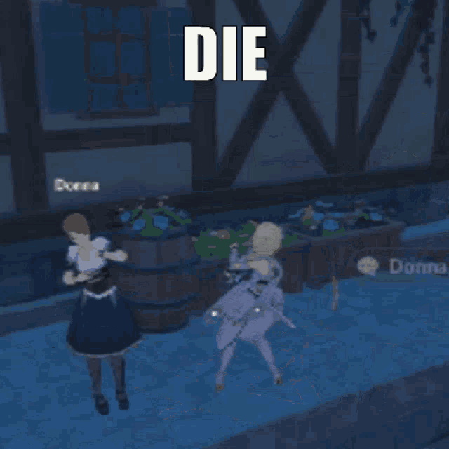 a girl in a video game is holding a sword and the word die is above her