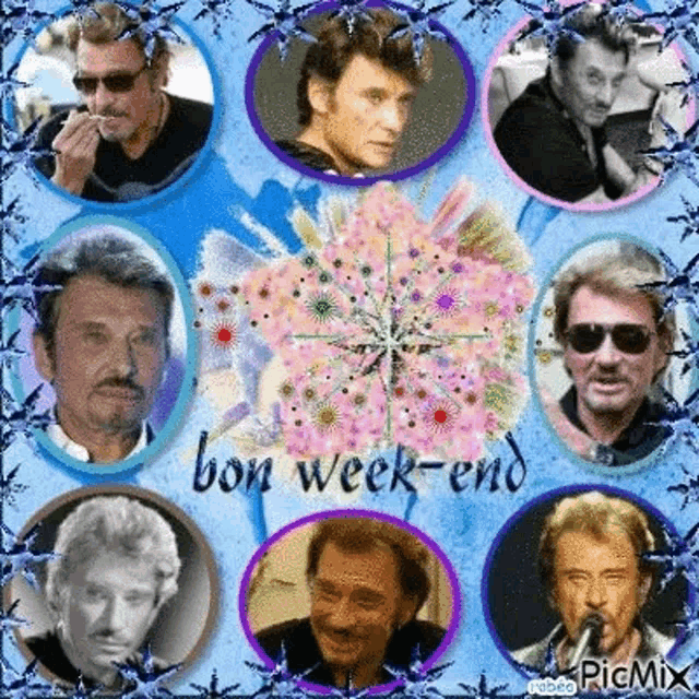 a collage of photos of johnny hallyday with a flower in the middle .