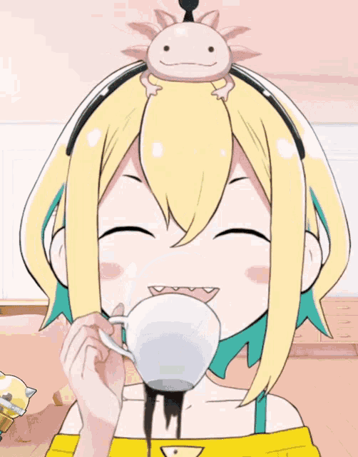 a cartoon girl with a axolotl on her head