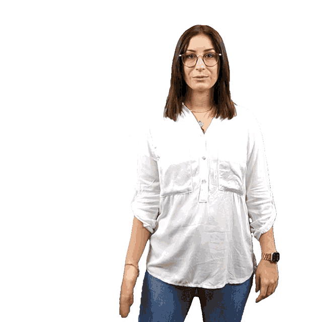 a woman in a white shirt is giving a high five