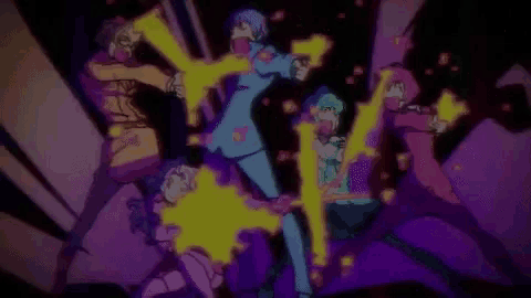 a group of cartoon characters are standing next to each other in a purple room