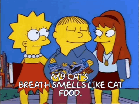 a cartoon of a man holding a bag of cat food with the words " my cat 's breath smells like cat food "