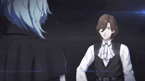 two anime characters reaching out to each other with a blue light behind them