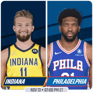 two basketball players from indiana and philadelphia on a blue background