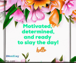 a greeting card that says motivated determined and ready to slay the day hello