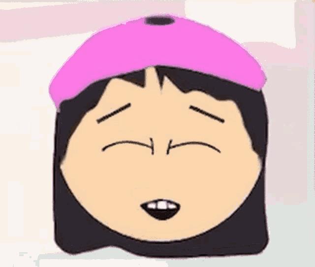 a cartoon character wearing a pink hat is making a face .