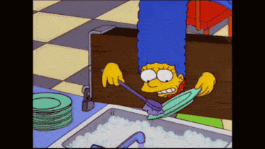 a cartoon of marge simpson cleaning a plate with a broom
