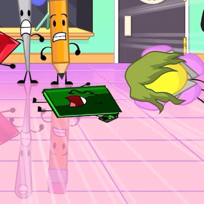 a group of cartoon characters are standing around a green book with a face on it