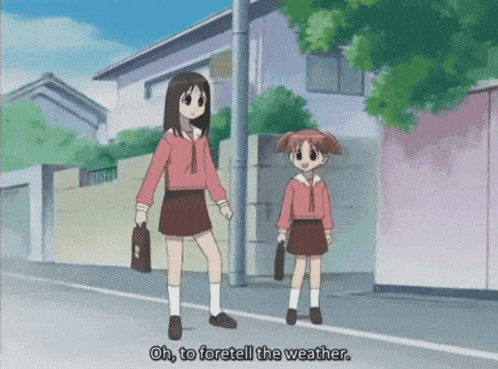 two girls are walking down a street with the words oh to fore tell the weather behind them