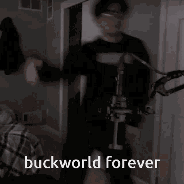 a man standing in front of a microphone with buckworld forever written on the bottom