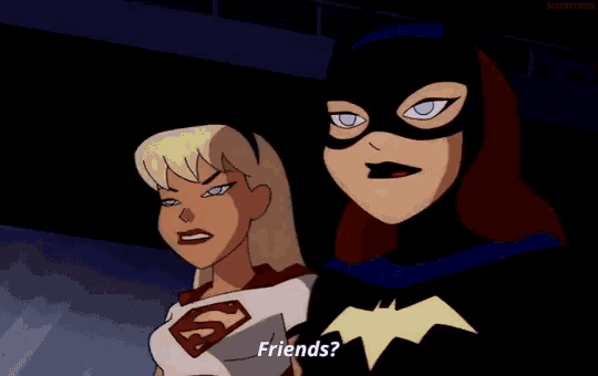 two female cartoon characters are standing next to each other and one of them says not mine