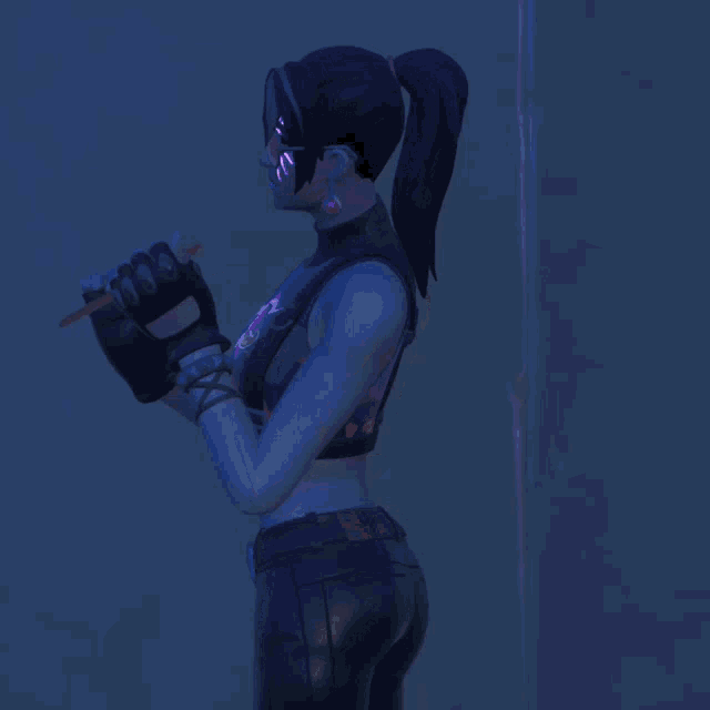a woman in a purple top and black pants is holding a cigarette