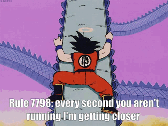 a cartoon of goku climbing a rope with the caption rule 1798 every second you aren 't running